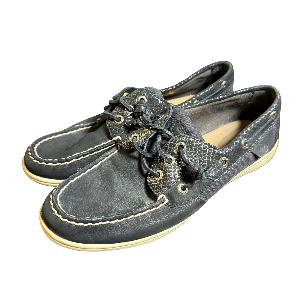Sperry‎ Boat Shoes Women 9M Black Snakeskin Leather Canvas Songfish Loafers